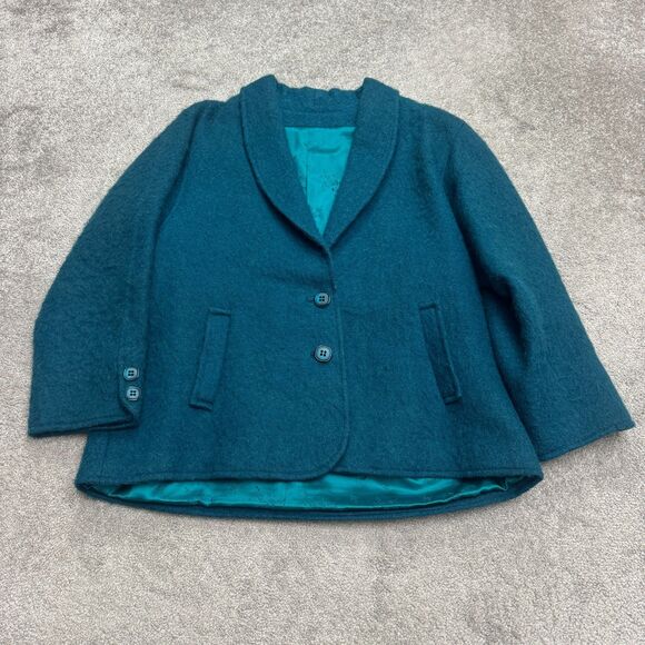 Vintage 80s Fuzzy Boiled Wool Blazer Jacket Womens Large Teal Blue Shawl Collar - Picture 1 of 13